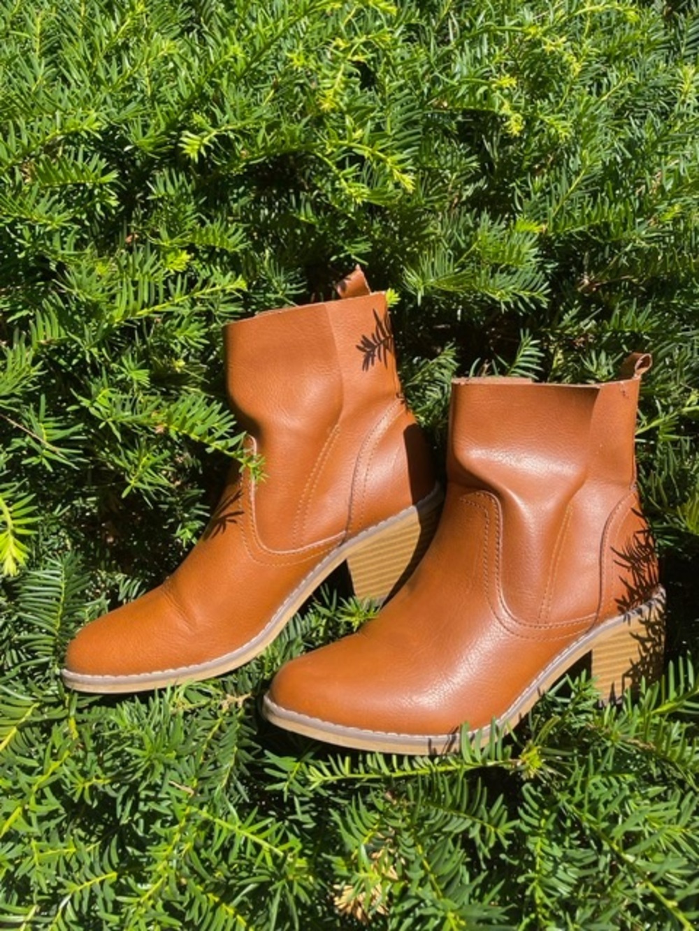 Women's Tan Leather Ankle Boots - Casual Block Heel